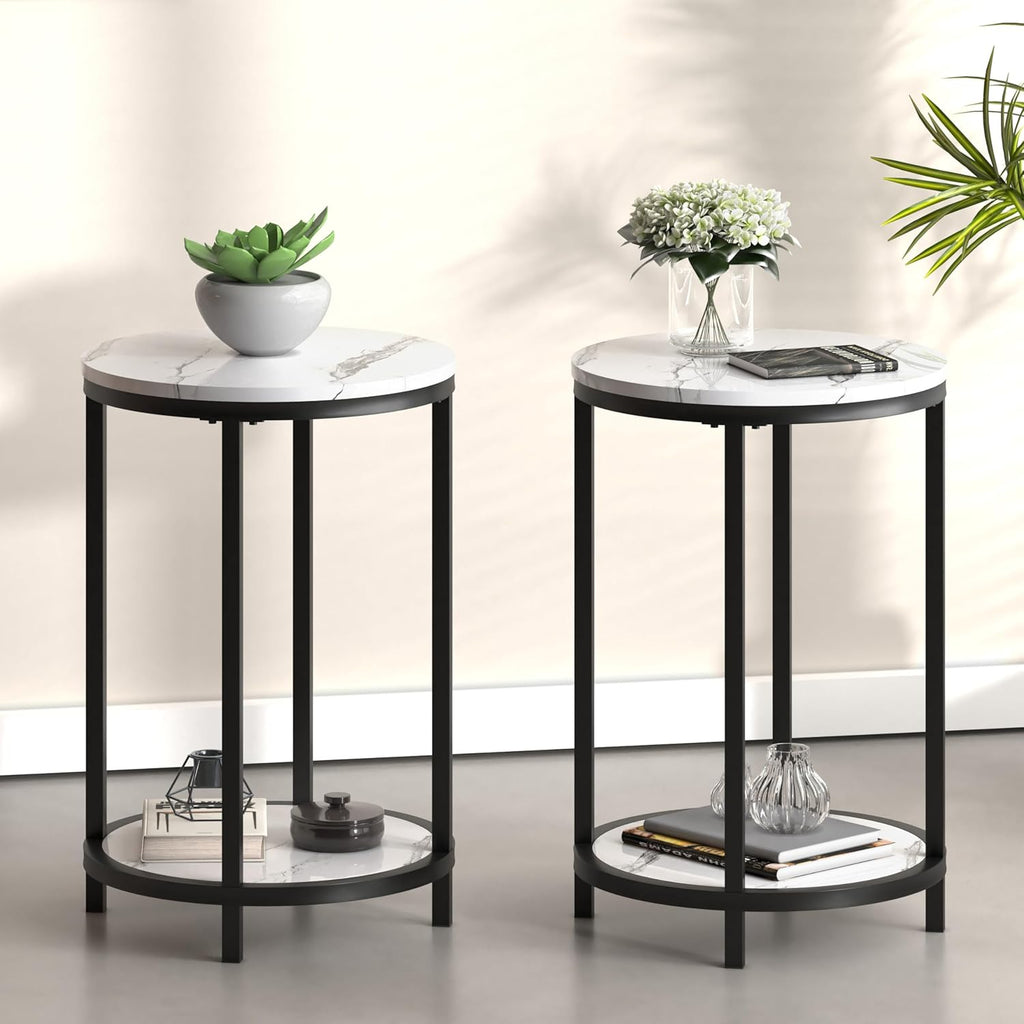 WiberWi Round Side Table Set of 2, Modern Nightstand End Table with Metal Frame &Faux Marble Top, Accent Bedside Table for Living Room Bedroom Small Spaces with Storage Open Shelf,White