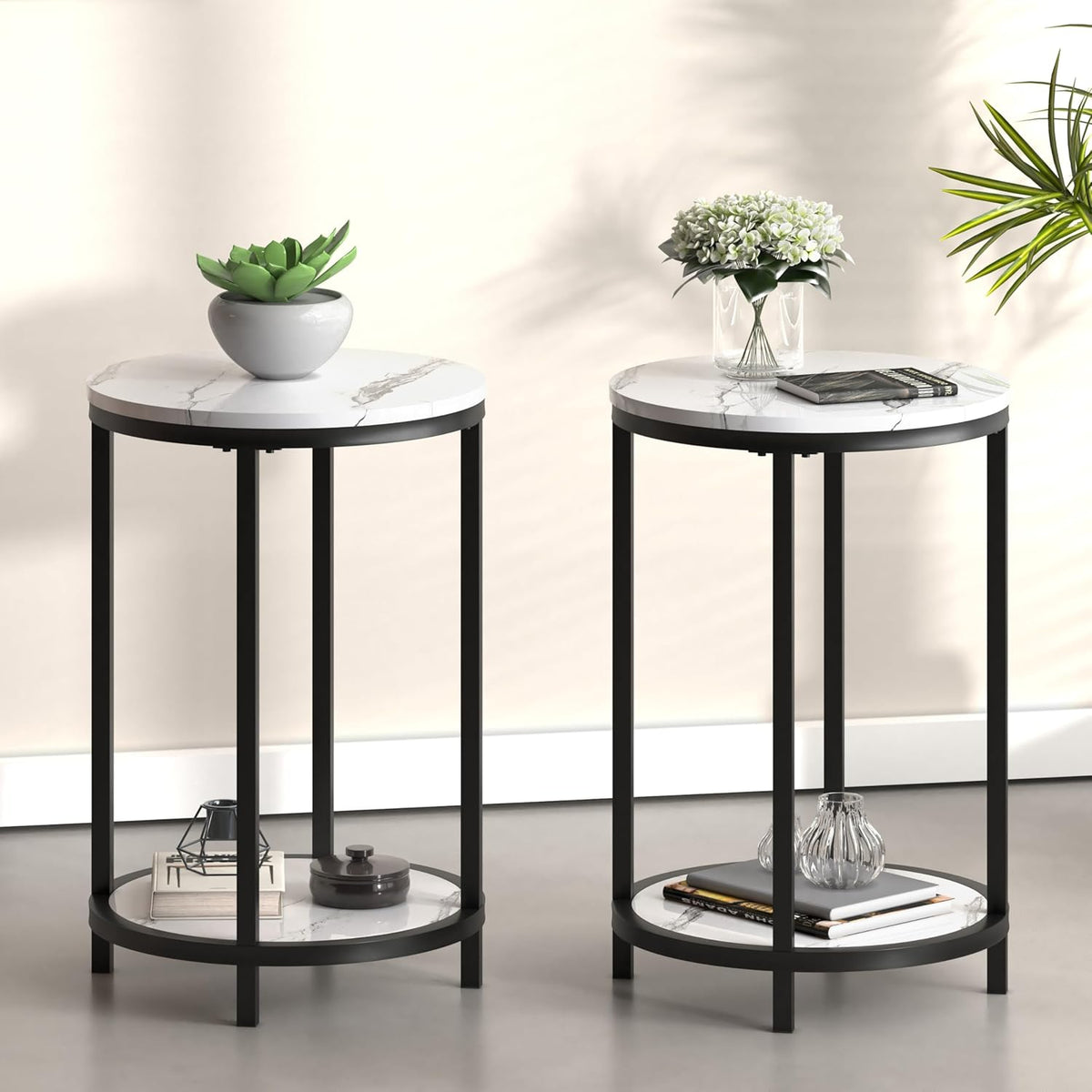 WiberWi Round Side Table Set of 2, Modern Nightstand End Table with Metal Frame &Faux Marble Top, Accent Bedside Table for Living Room Bedroom Small Spaces with Storage Open Shelf,White