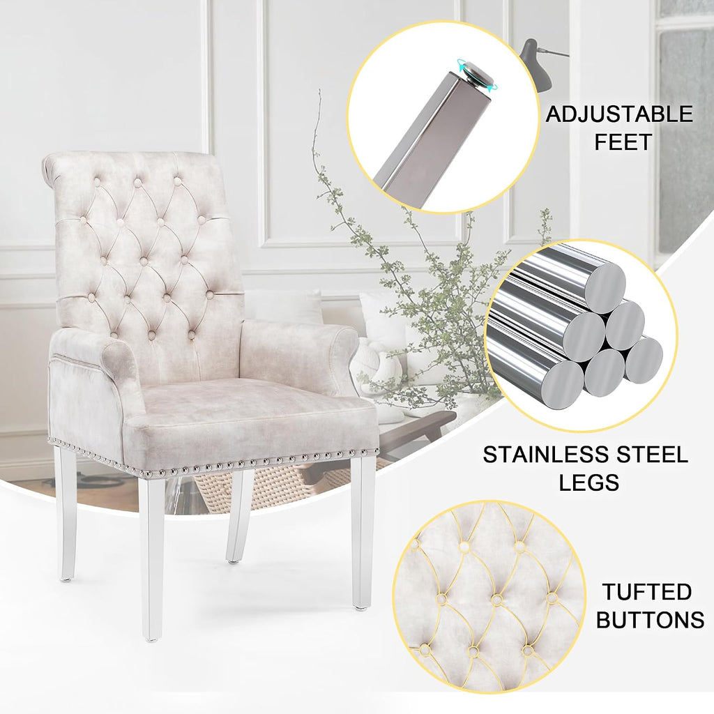 AODCHR Upholstered Velvet Accent Dining Chair, Elegant Tufted Dining Room Kitchen Room Arm Chair with Stainless Steel Leg, Beige
