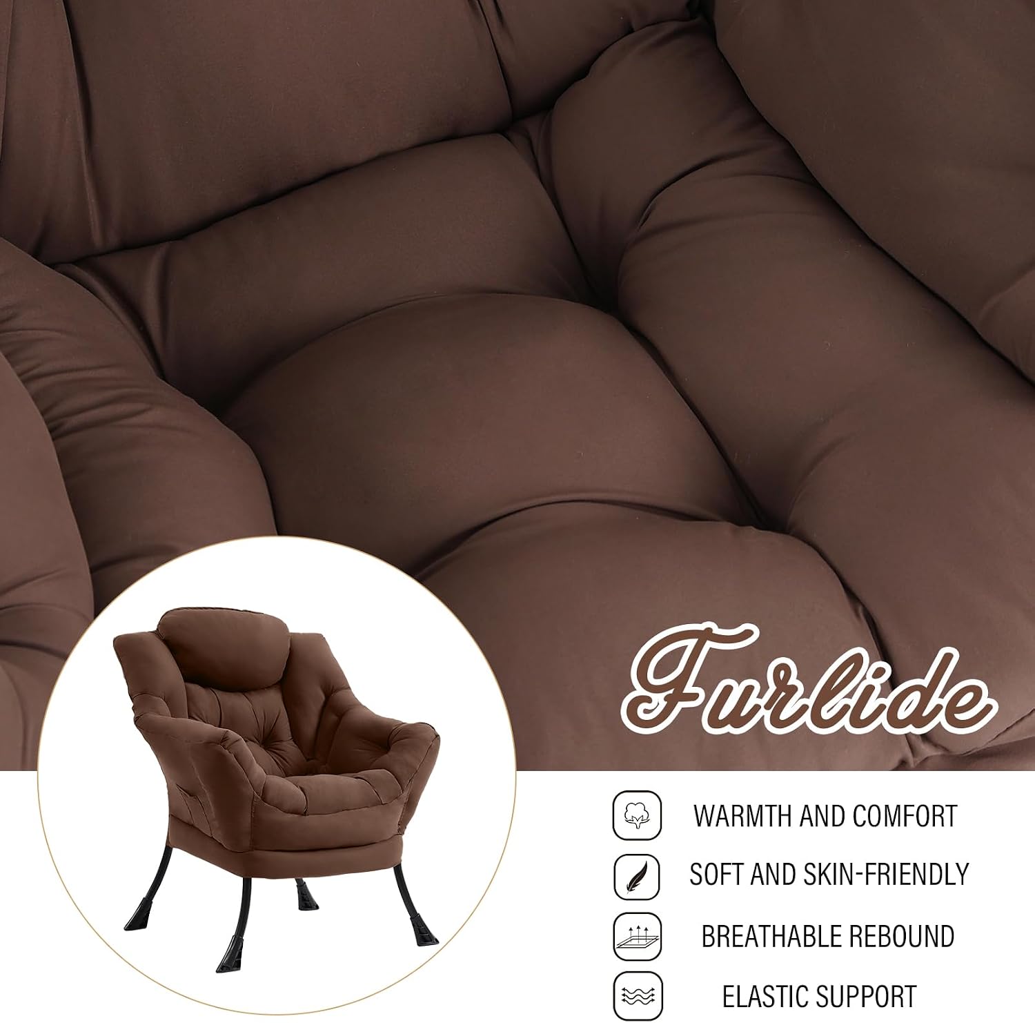 Furlide Lazy Chair for Living Room, Modern Accent Chairs with Armrests, Dark Brown Armchairs with Side Pocket, Cozy Lazy Sofa for Reading, Balcony, Bedroom, Dorm, Small Spaces