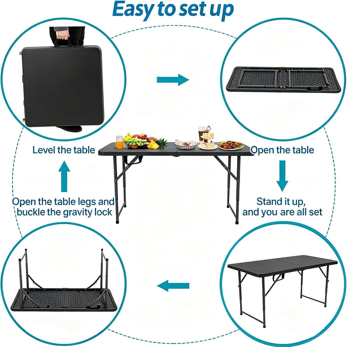 Dkeli Folding Table 4/6 Foot Indoor Outdoor Heavy Duty Plastic Table Portable Fold Up Desk Utility Camping Dining Party Table, Easy to Assemble, White (Black, 4 Foot)