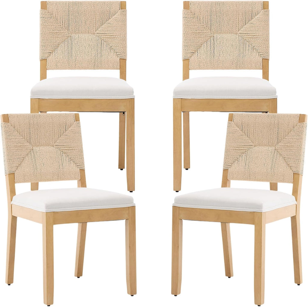 French Country Dining Chairs Set of 4, Beige Farmhouse Wood Dining Room Chairs, Woven Back Linen Upholstered Dining Chair, Solid Wood Legs, Boho Style Kitchen Chairs, Sillas de Comedor