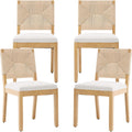 French Country Dining Chairs Set of 4, Beige Farmhouse Wood Dining Room Chairs, Woven Back Linen Upholstered Dining Chair, Solid Wood Legs, Boho Style Kitchen Chairs, Sillas de Comedor