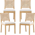 French Country Dining Chairs Set of 4, Beige Farmhouse Wood Dining Room Chairs, Woven Back Linen Upholstered Dining Chair, Solid Wood Legs, Boho Style Kitchen Chairs, Sillas de Comedor