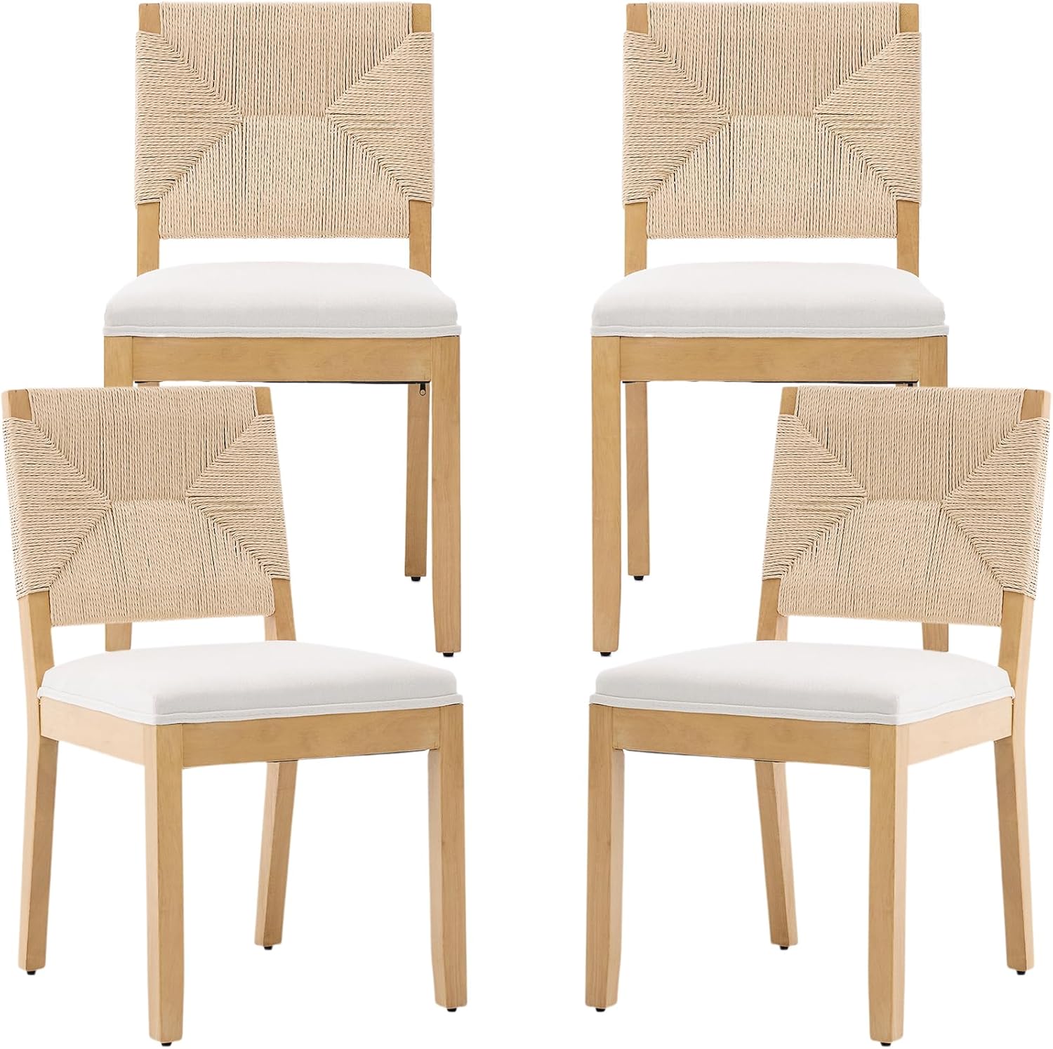 French Country Dining Chairs Set of 4, Beige Farmhouse Wood Dining Room Chairs, Woven Back Linen Upholstered Dining Chair, Solid Wood Legs, Boho Style Kitchen Chairs, Sillas de Comedor
