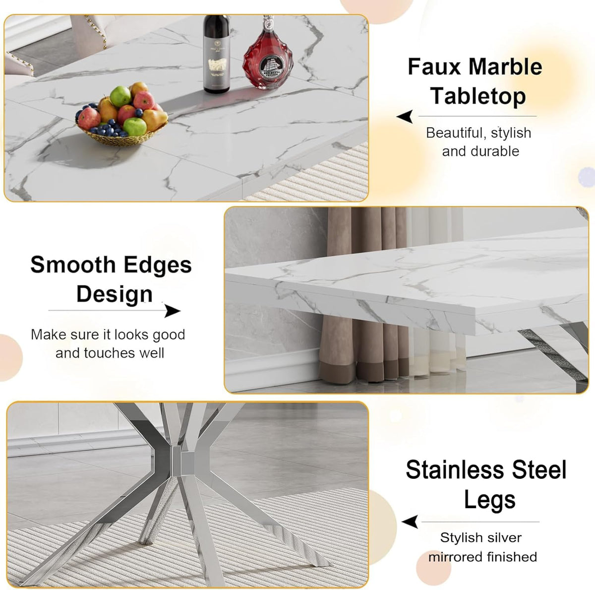 Faux Marble Dining Table Set for 6, Modern Kitchen Table Chairs Set 6, 70" Faux Marble Table with Silver Stainless Steel Leg, 6 Black Leather Chairs, 7 Piece Dining Set for Kitchen Living Dining Room
