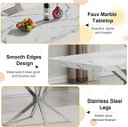 70 inch Faux Marble Dining Table for 4-6, Modern Kitchen Table with White Faux Marble Tabletop, Silver Stainless Steel X Base, Rectangular Dining Room Table for Dinner, Party, Meeting, Celebration
