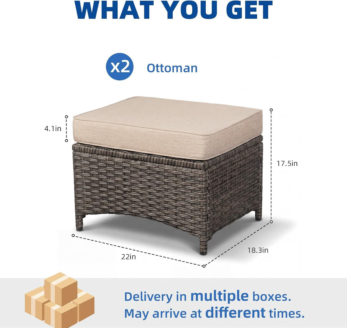 Outdoor Ottoman Set of 2, Rattan Patio Ottoman Footrest Seat with Thickened Cushions, for Yard, Poolside