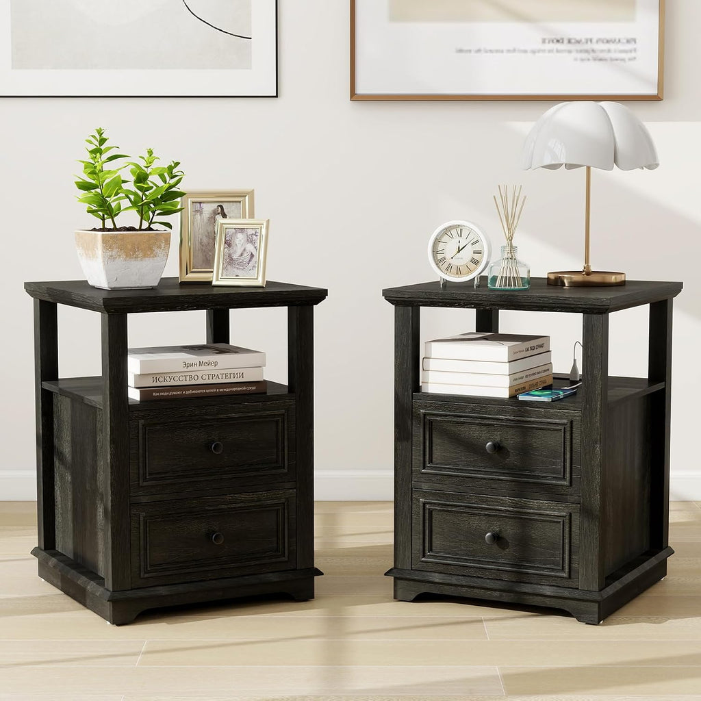 MUUEGM Farmhouse Nightstand 18” Brown End Table with Charging Station Rustic Wood Tall Bedside Table with 2 Drawers Storage Small Dresser Open Shelf for Bedroom, Living Room, Closet