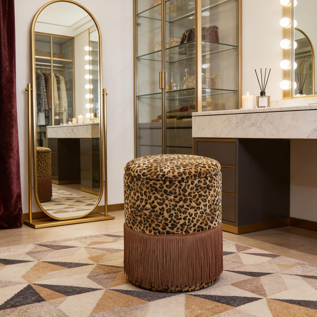 Round Leopard Print Fringe Ottoman with Storage, Farmhouse Tassel Velvet Footrest Stool, Flip Top Vanity Ottoman Chair for Living Room Bedroom