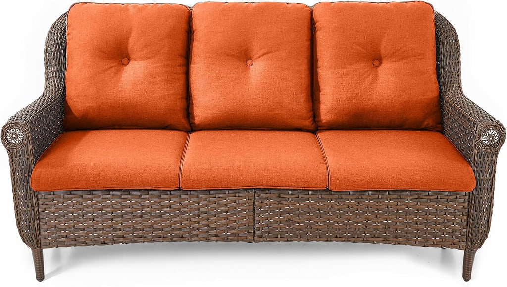 Patio Couch Outdoor Wicker Sofa - Heavy Duty All-Weather Brown Rattan 3-Seater with High Back and Comfy Thick Cushions for Garden Back Porch Poolside Apartment - Orange
