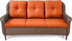 Patio Couch Outdoor Wicker Sofa - Heavy Duty All-Weather Brown Rattan 3-Seater with High Back and Comfy Thick Cushions for Garden Back Porch Poolside Apartment - Orange
