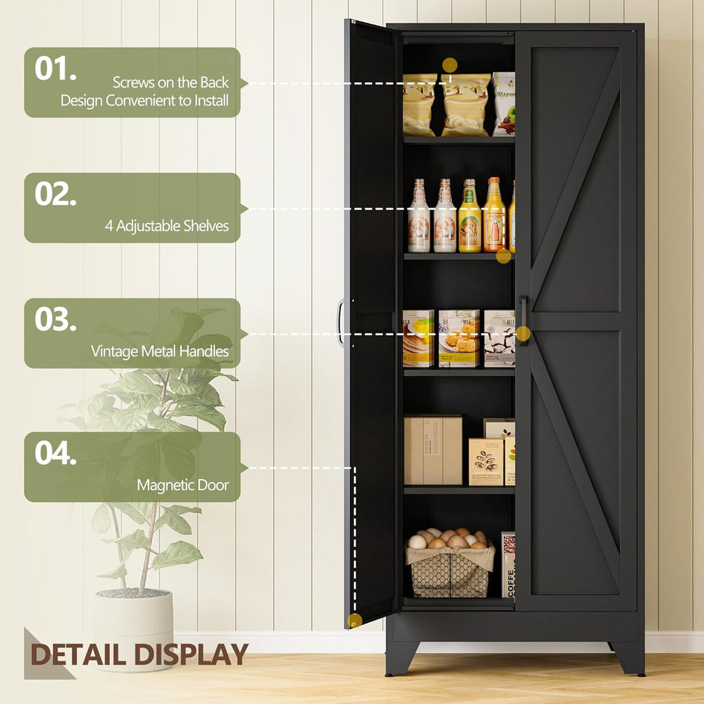 RAVIGIN Farmhouse Storage Cabinet,75" H Metal Pantry Cabinet with Barn Doors and Adjustable Shelves,75" H 6-Tier Rustic Pantry Organizers for Kitchen,Dining Room,Black