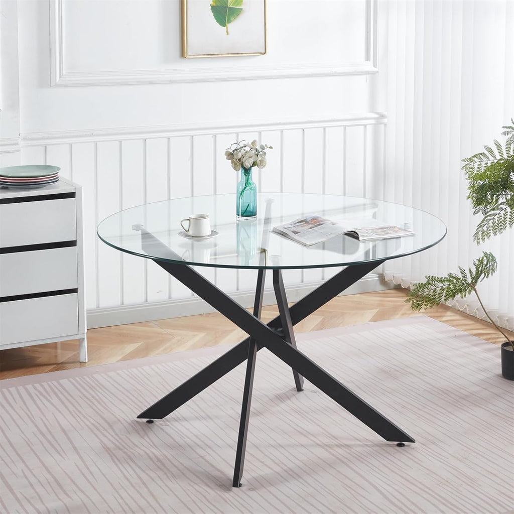 Henf 47.24" Round Dining Table with Black Metal Legs, Glass Kitchen Table for 4-6 People, Round Glass Dining Room Table for Small Space, Easy Assembly Circular Side Desk