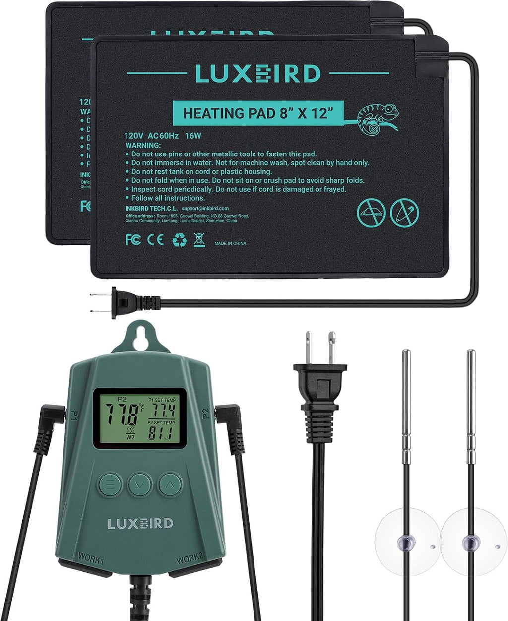 Luxbird Reptile Heating Pad 8x12 Inch with Dual Output Reptile Thermostat LB-2SC Combo Set Under Tank Terrarium Heating Mat for Turtles, Lizards, Frogs, and Other Reptiles