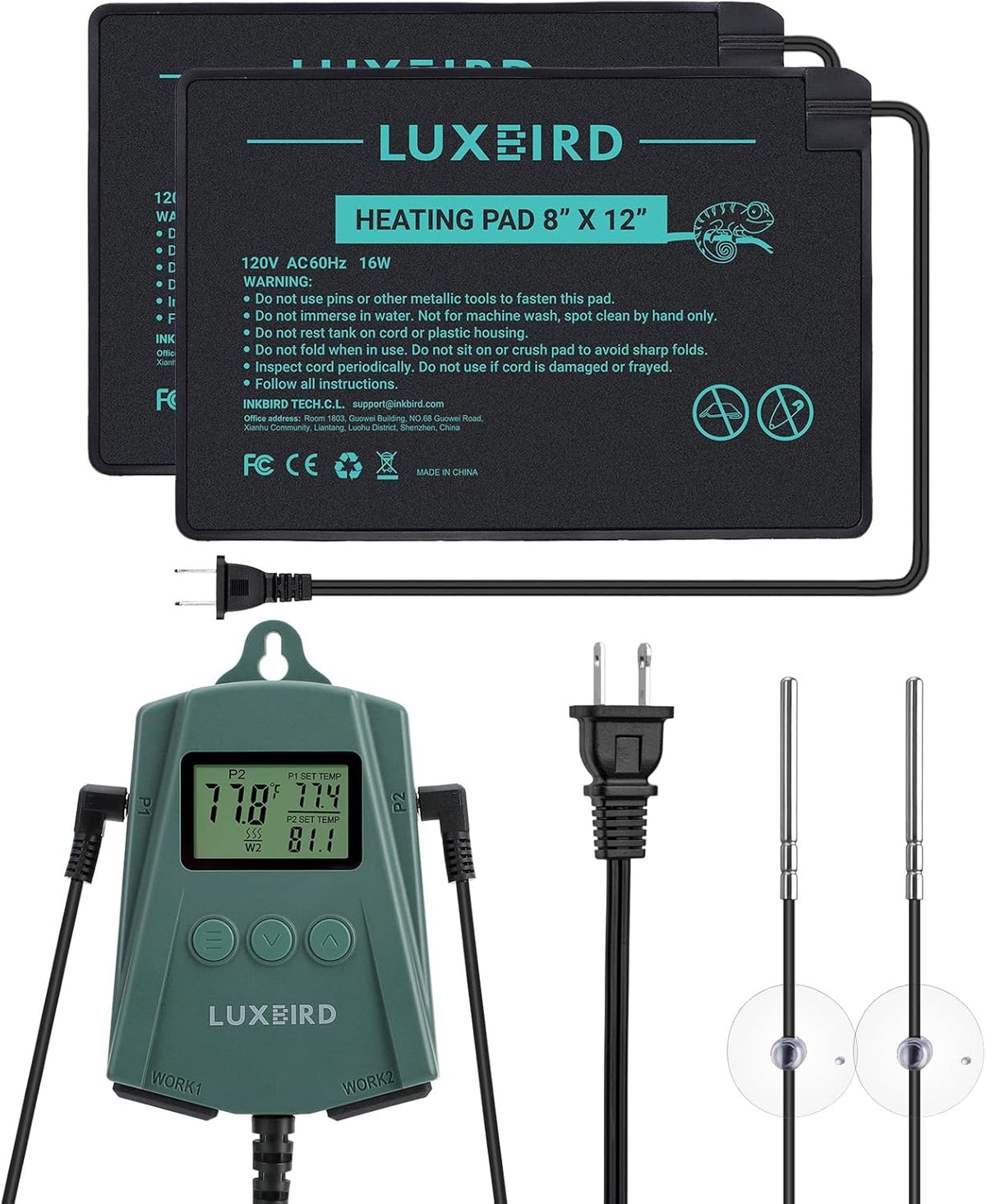 Luxbird Reptile Heating Pad 8x12 Inch with Dual Output Reptile Thermostat LB-2SC Combo Set Under Tank Terrarium Heating Mat for Turtles, Lizards, Frogs, and Other Reptiles
