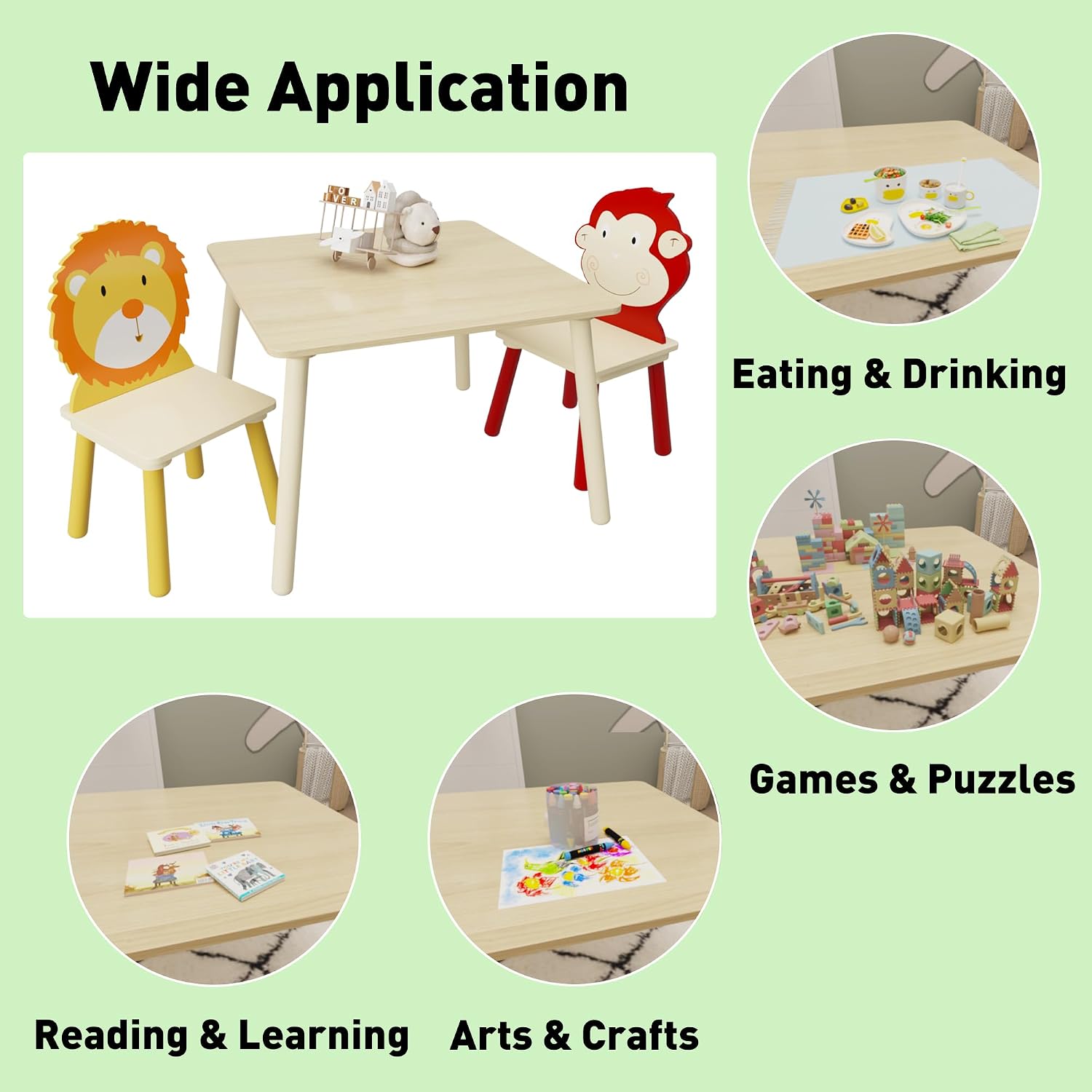 3 Pieces Toddler Table and Chair Set, Lion & Monkey Pattern Solid Wood Legs Heavy Duty Boys and Girls Activity Play Table and 2 Chairs Furniture for Playroom Daycare Kindergarten