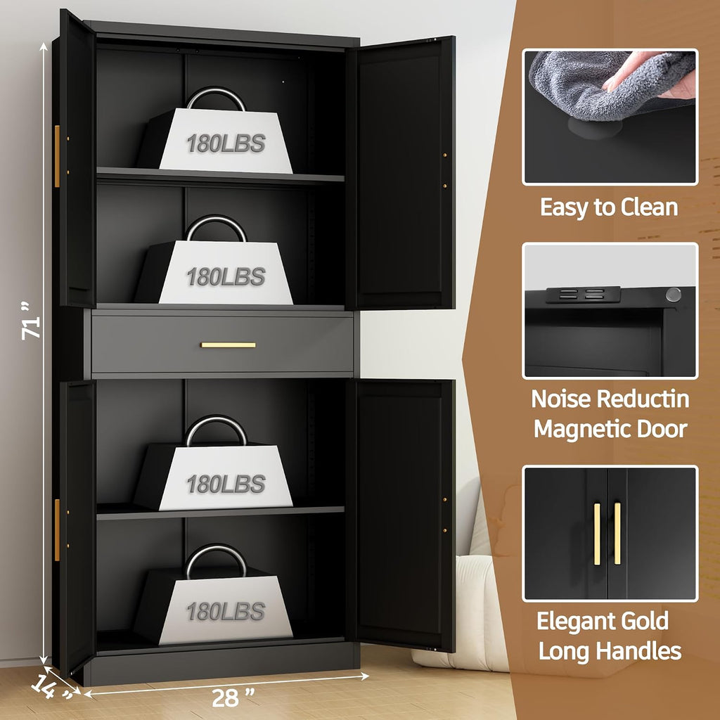 Metal Cabinet, 71” Garage Storage Cabinet with Doors and Adjustable Shelves (Black, 1 Drawer)