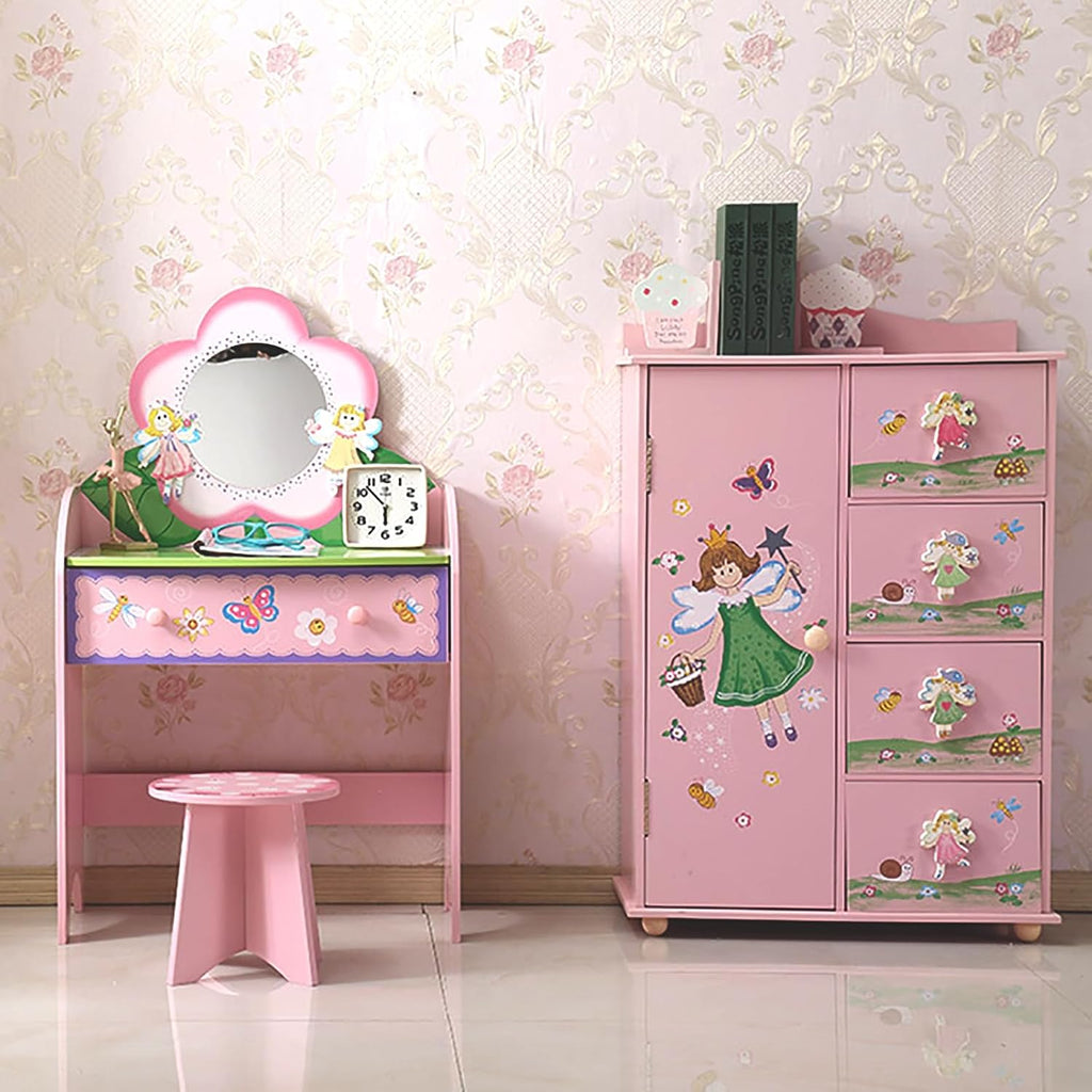 Kids Vanity Set with Mirror and Stool, Beauty Makeup Vanity Table with Large Drawer and Chair Set for Toddlers and Kids, Wooden Girls Makeup Dressing Table