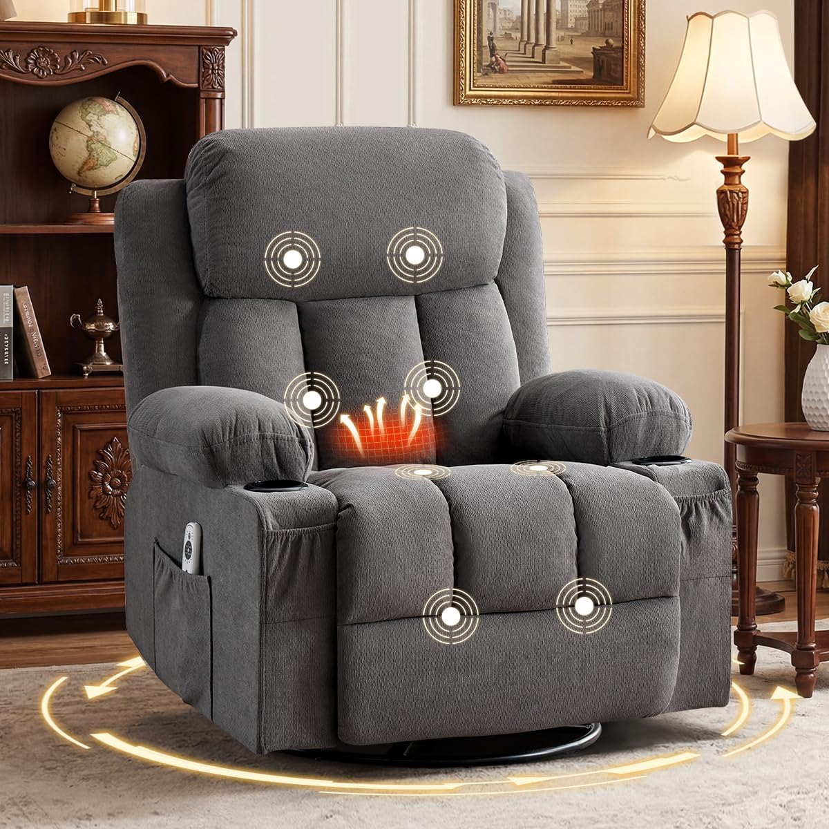 Swivel Rocker Recliner Chair with Vibration Massage & Lumbar Heating, Ergonomic Lounge Chair for Living Room, Rocking Function, Side Pocket, 2 Cup Holders, USB Charging Port