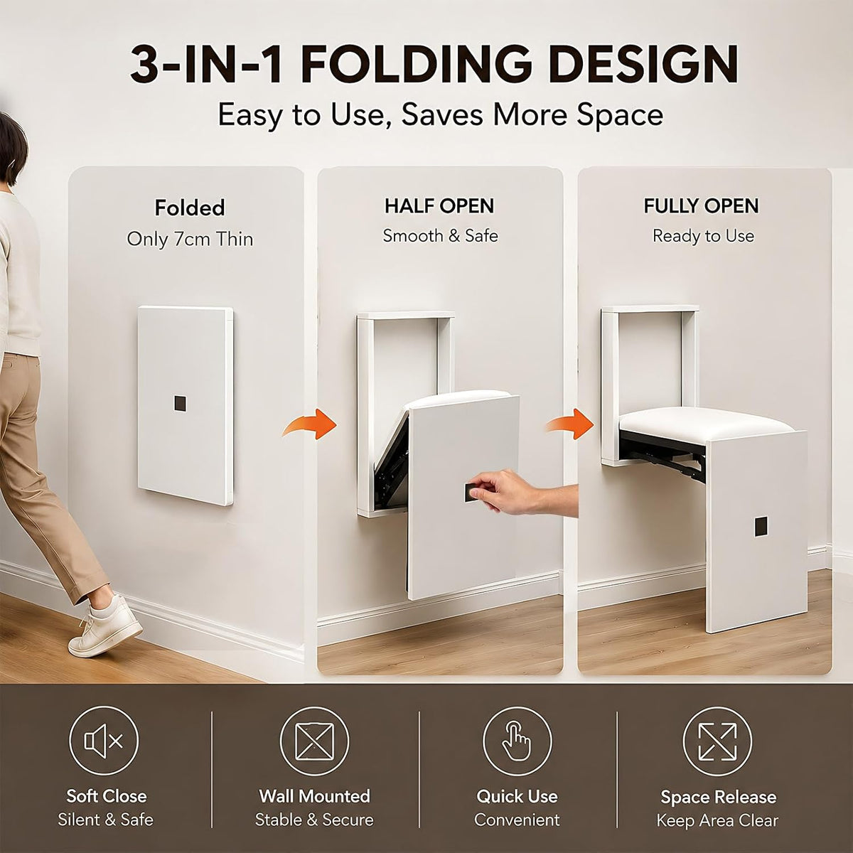 Wall Mount Folding Shoe Stool for Mudroom, Invisible Hideaway Entryway Bench with Soft Leather Seat, 7cm Ultra Thin Hanging Chair for Hallway and Small Spaces, Walnut(Black)
