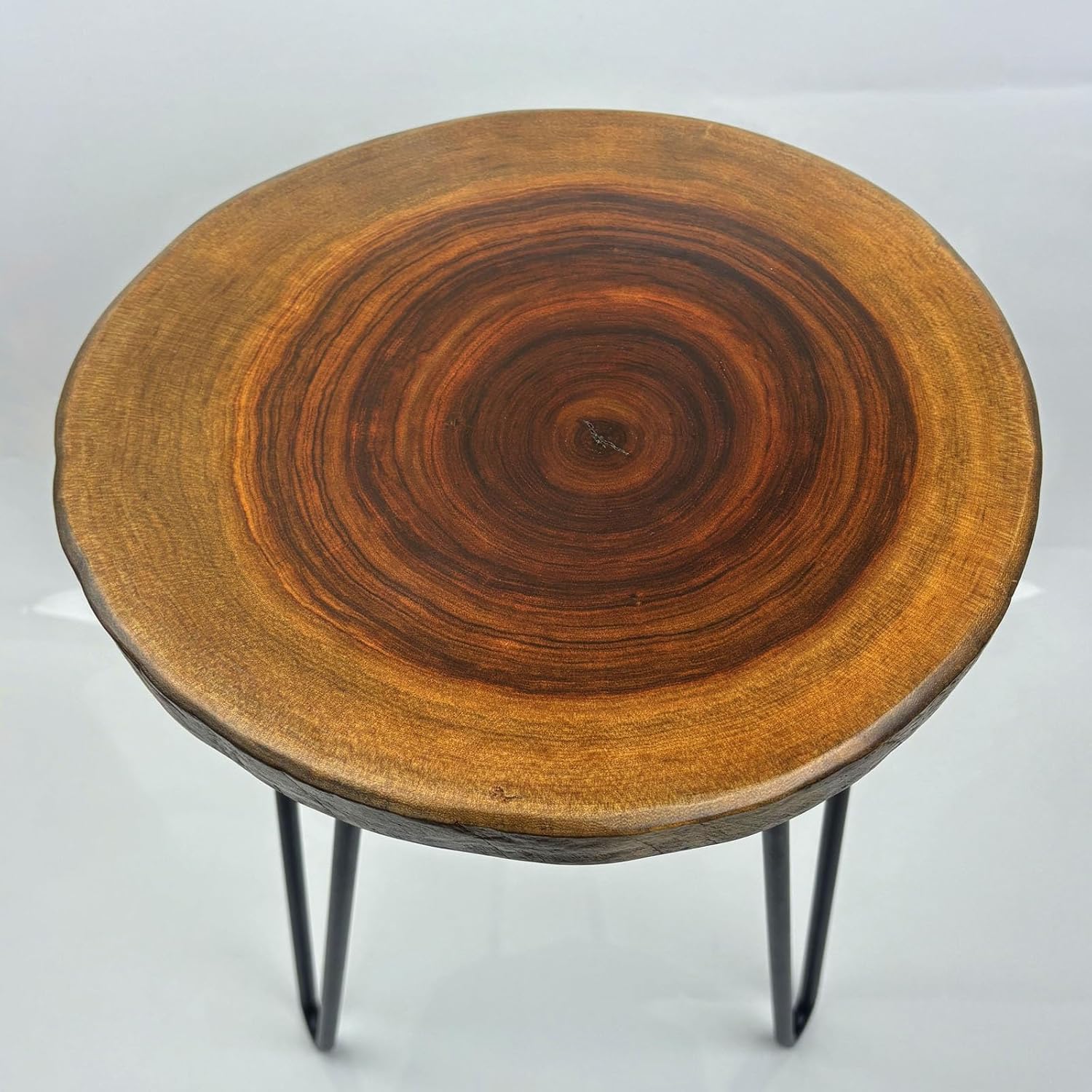 Live Edge End Table, About 15-18" W x 17" H Natural Edge Camphor Wood Stump Side Table for Living Room, Unique Desktop with Metal Hairpin Legs, Natural Wood Nightstand, Plant Stand