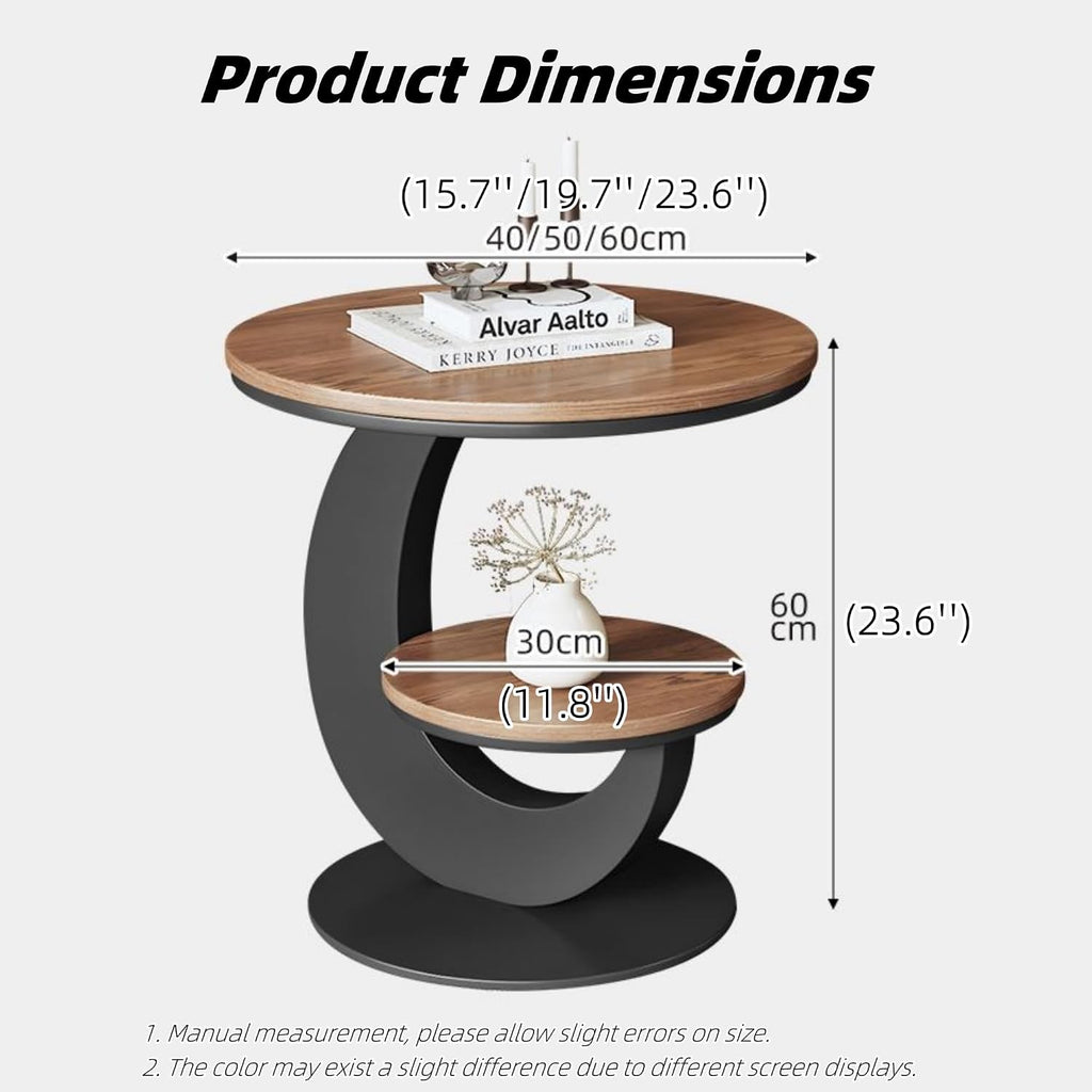 Round Sofa Side Table with 2 Storage Shelves, Vintage Wooden End Tables, Small Bedside Nightstand, Drink Table, Accent Tables for Living Room, Bedroom, Apartment, Small Spaces(Beige,15.7''x23.6'')