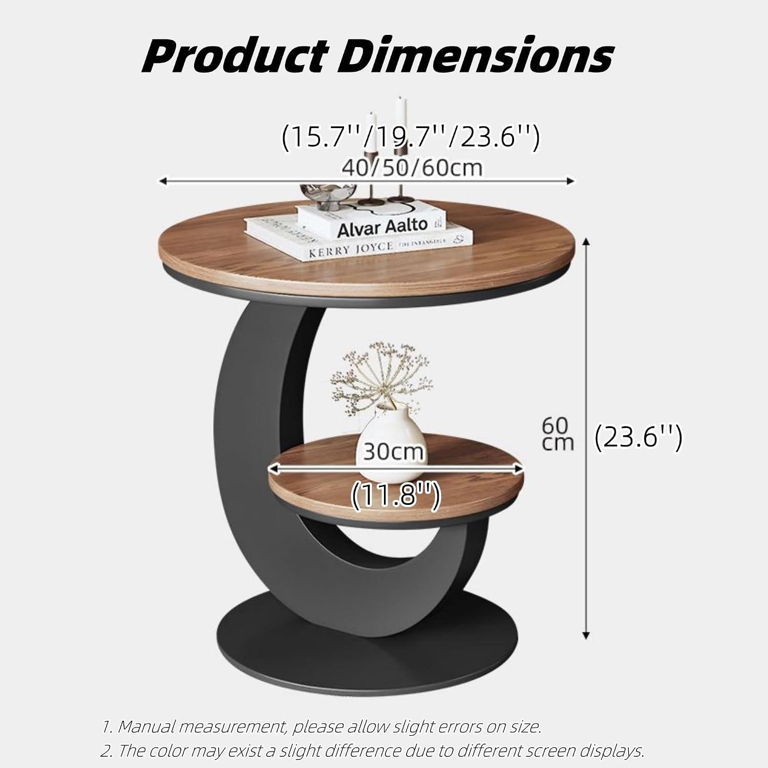 Round Sofa Side Table with 2 Storage Shelves, Vintage Wooden End Tables, Small Bedside Nightstand, Drink Table, Accent Tables for Living Room, Bedroom, Apartment, Small Spaces(Beige,15.7''x23.6'')