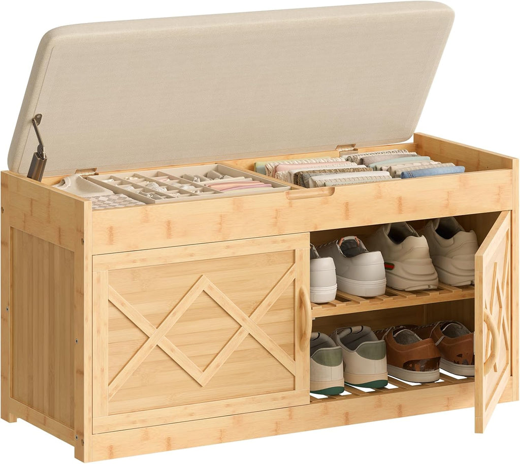 HOOBRO Shoe Bench, Shoe Storage Bench with Cushion, Bamboo Entryway Bench with Hidden Compartment, Storage Bench with Lift Top and 2 Door, for Living Room, Bedroom, Hallway, Beige and Natural YE60HX01