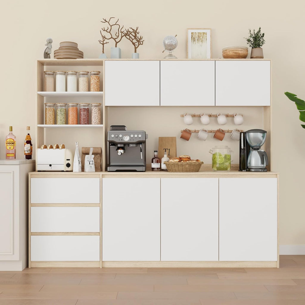 Bobve Large Kitchen Hutch Cabinet with Microwave Stand, Storage Cupboard Pantry with 3-Tier External Shelves and 3 Drawers, Ktichen Food Pantry with Open Countertop for Dining Room, White + Walnut