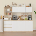 Bobve Large Kitchen Hutch Cabinet with Microwave Stand, Storage Cupboard Pantry with 3-Tier External Shelves and 3 Drawers, Ktichen Food Pantry with Open Countertop for Dining Room, White + Walnut