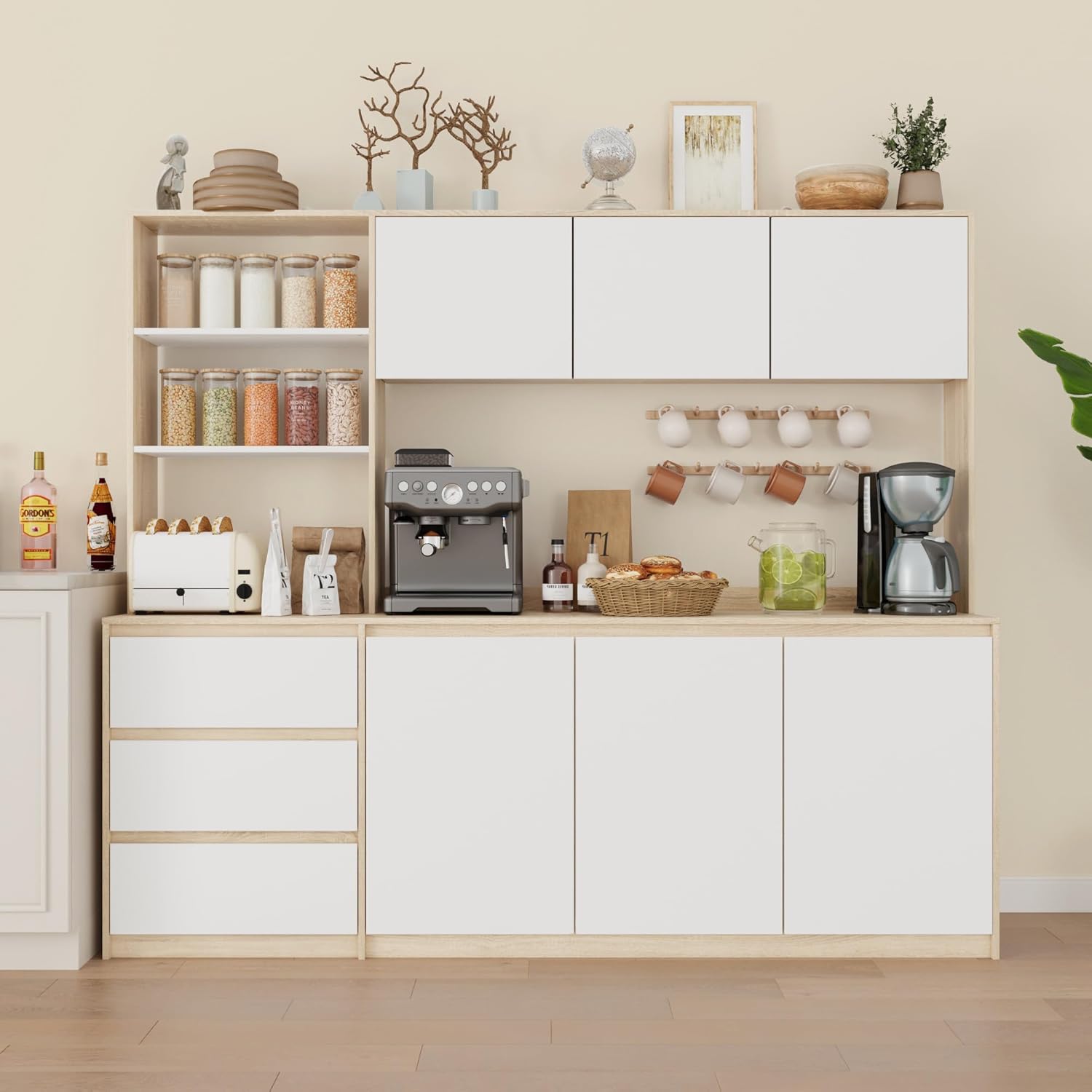 Bobve Large Kitchen Hutch Cabinet with Microwave Stand, Storage Cupboard Pantry with 3-Tier External Shelves and 3 Drawers, Ktichen Food Pantry with Open Countertop for Dining Room, White + Walnut