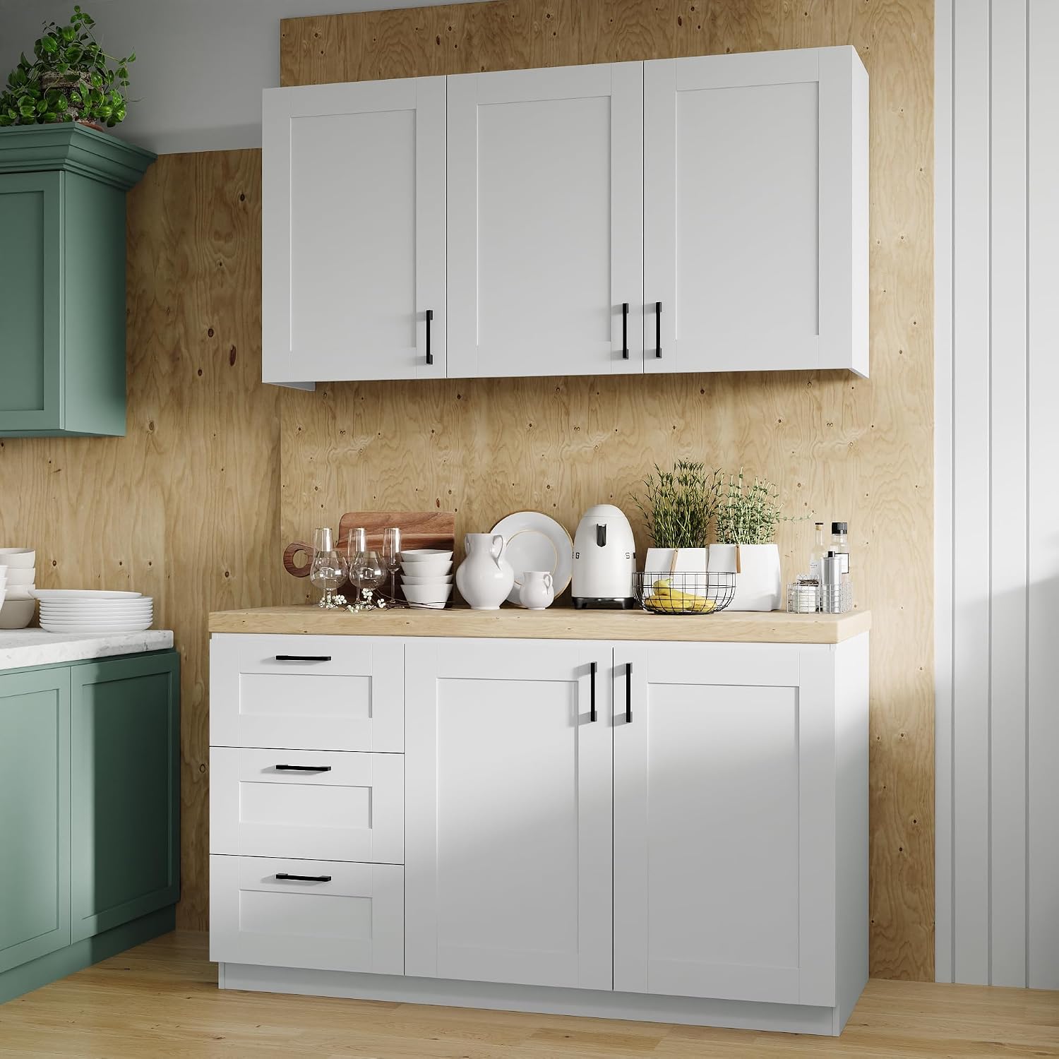 Homsee 60" W Modular Kitchen Pantry with Wall Cabinet, DIY Kitchen Cabinet Set Without Countertop, Modular Storage Cupboard with Drawers & Shelf, Large Storage Set for Dining Room, White