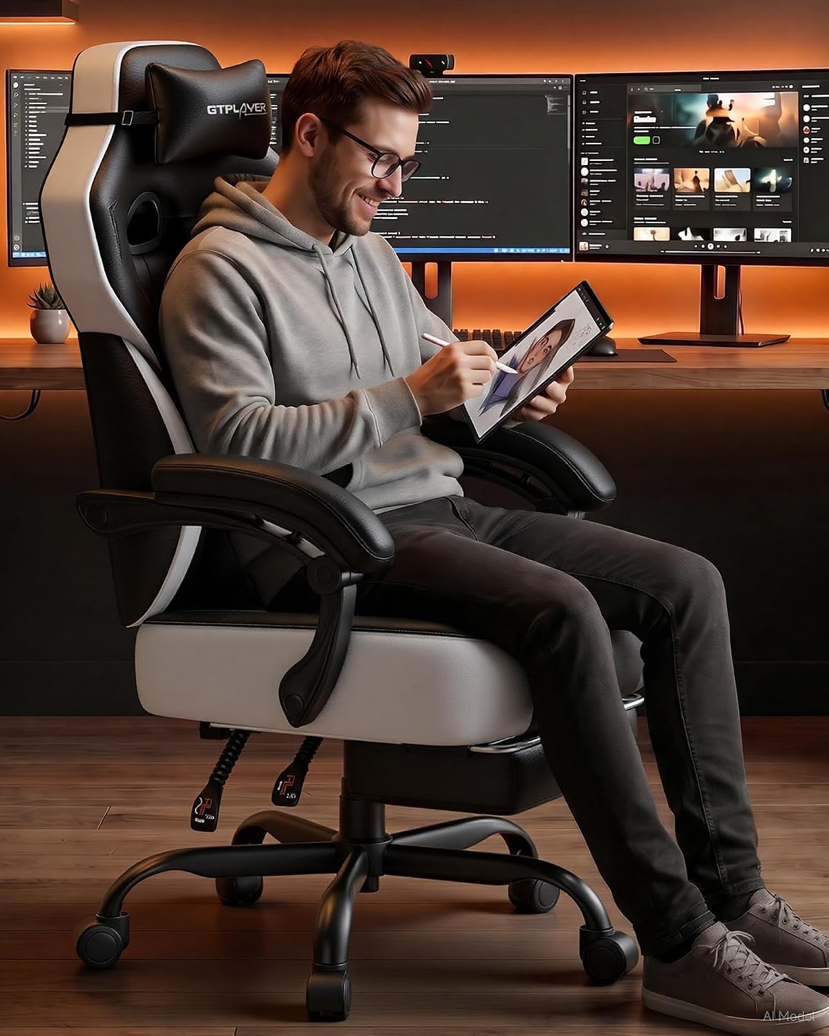 GTPLAYER Big & Tall Gaming Chair, Wide Seat with Footrest, Jet Black | Ergonomic High Back Computer Desk Chair for Adults, Comfort Padded Seat with Lumbar Support Armrests Recliner for Office/Home