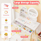 HONEY JOY Kids Vanity, Little Girls Vanity Set with Mirror and Stool and Lights, Drawers, Toddler Makeup Vanity Dressing Table, Wooden Pretend Play Kids Vanity Table and Chair Set (White)