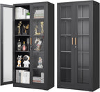 Polup Glass Display Cabinet with Lock, Metal Curio Cabinet with Tempered Glass Doors & Adjustable Shelves, Heavy-Duty China Cabinets for Living Room, School, Commercial, Black, Assembly Required