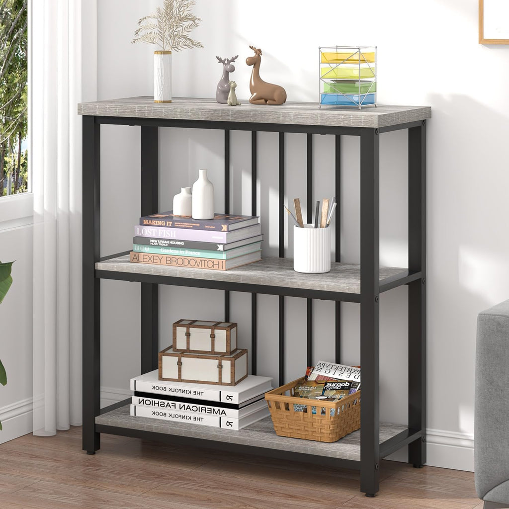 FOLUBAN 3 Tier Bookshelf, Short Bookcase for Small Space, Modern Wooden and Metal Book Shelf for Living Room Bedroom Office (Light Grey Oak)