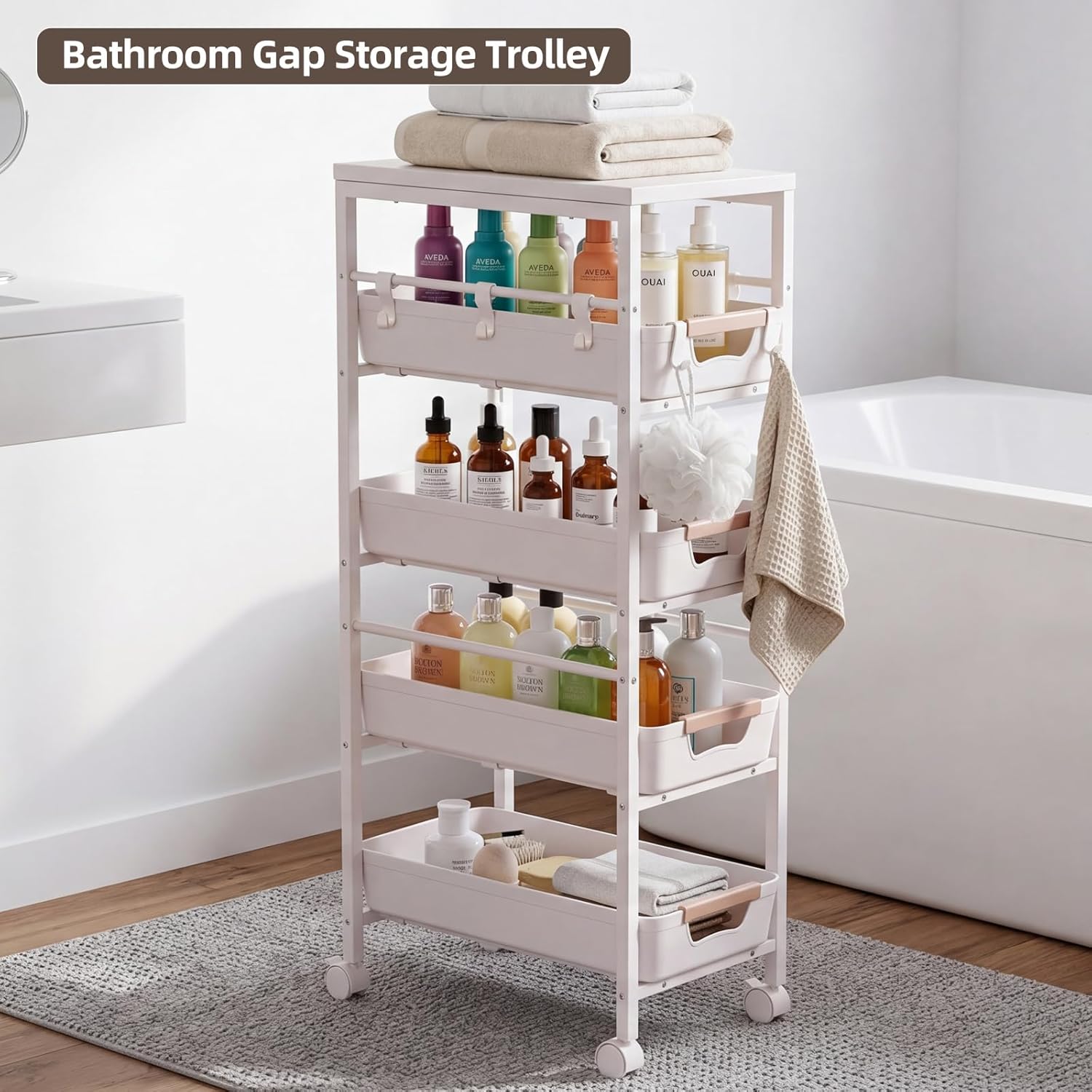 5 Tier Slim Rolling Storage Cart with Pull-Out Drawers,Narrow Utility Organizer Cart with Wooden Top & Wheels for Small Spaces Kitchen Bathroom Laundry Room (White)