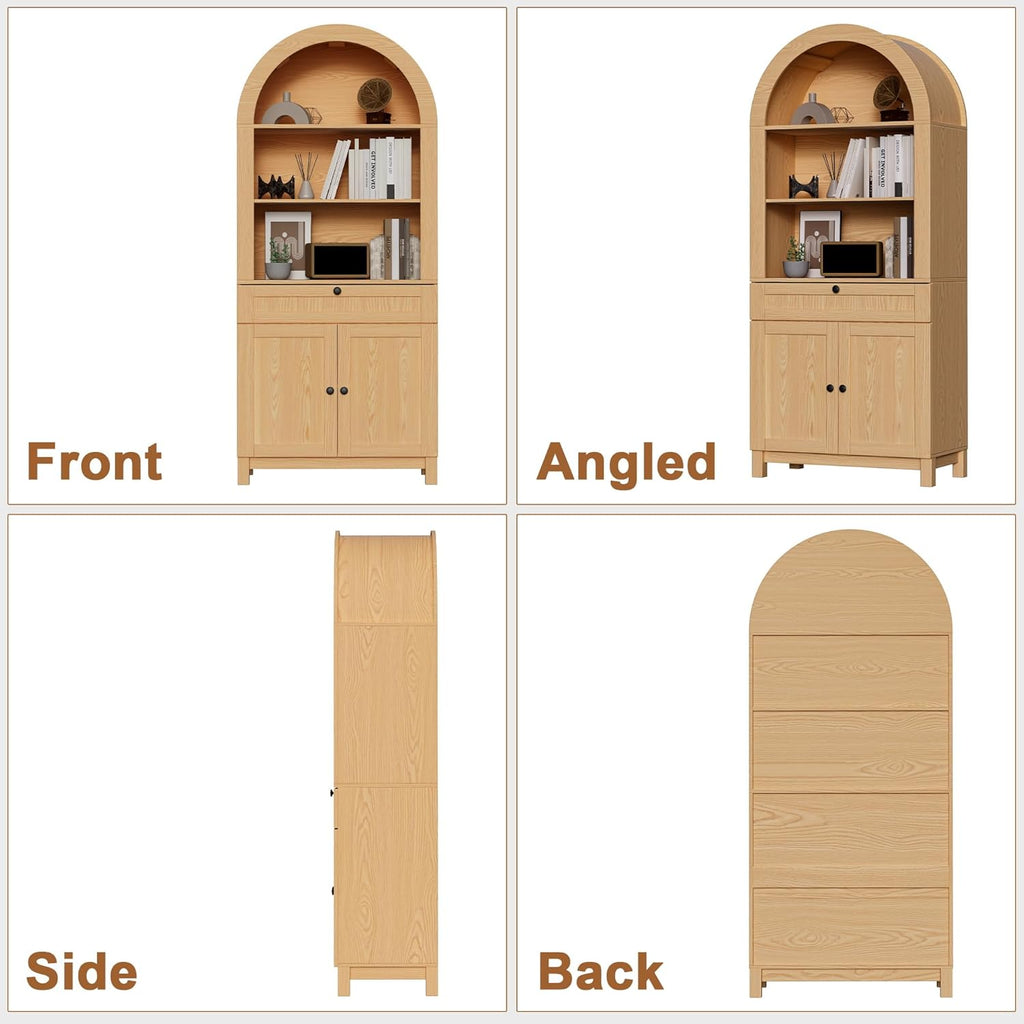 Arched Pantry Cabinet, 71" Kitchen Pantry Cabinet with Smooth Gliding Drawers and Adjustable Shelf, Wood Storage Cabinets Anti-Tipping, Modern Farmhouse for Living Room, Dining Room (Natural)