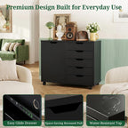 5 Drawer File Cabinet with Wheels, Rolling Office Storage Cabinet with Shelves and Door, Printer Stand with Drawers, Under Desk Filing Cabinet with Wood Board, Black