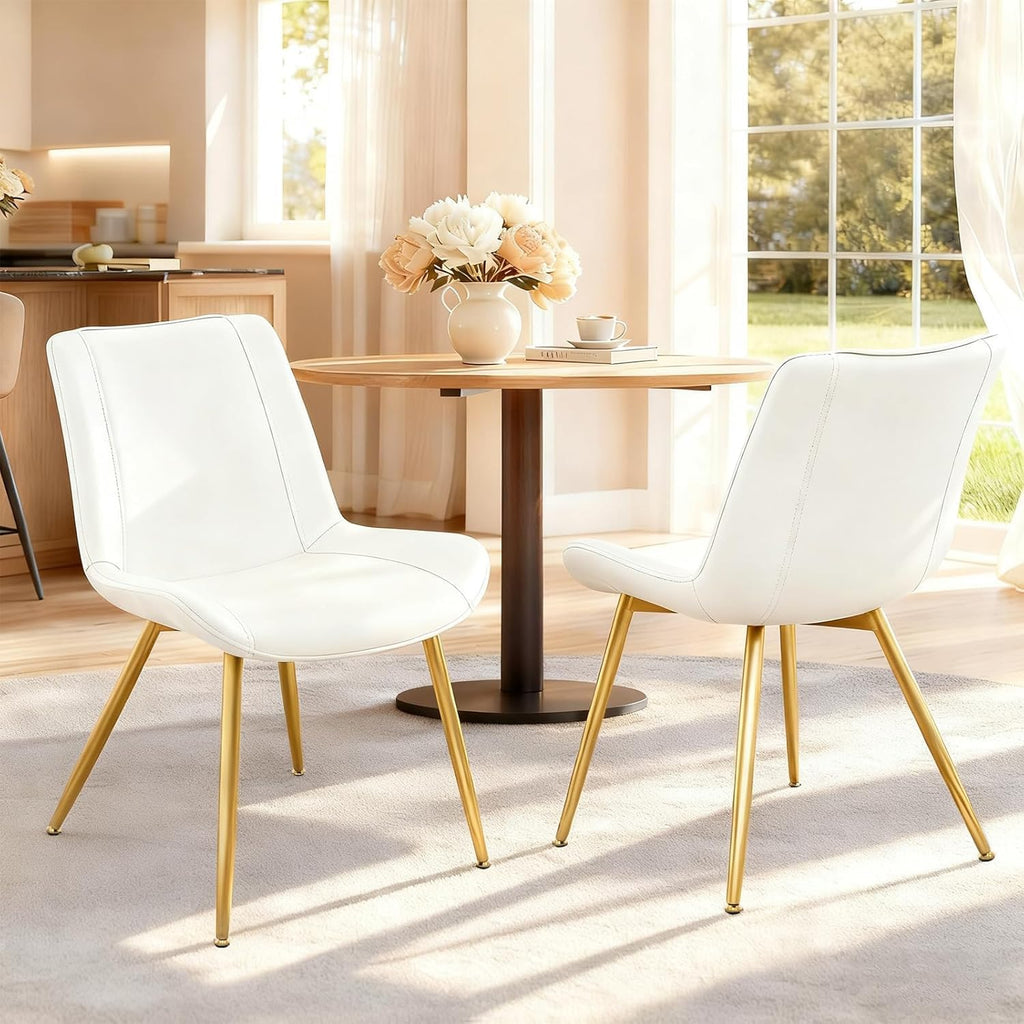 Dining Chairs Set of 2 PU Leather Armless Pearl White, Gold Legs | Fits Dining Rooms, Kitchens, Waiting room, Living rooms, Offices & Cafes, Easy to Clean Easy to assemble Adjustable Foot Pads
