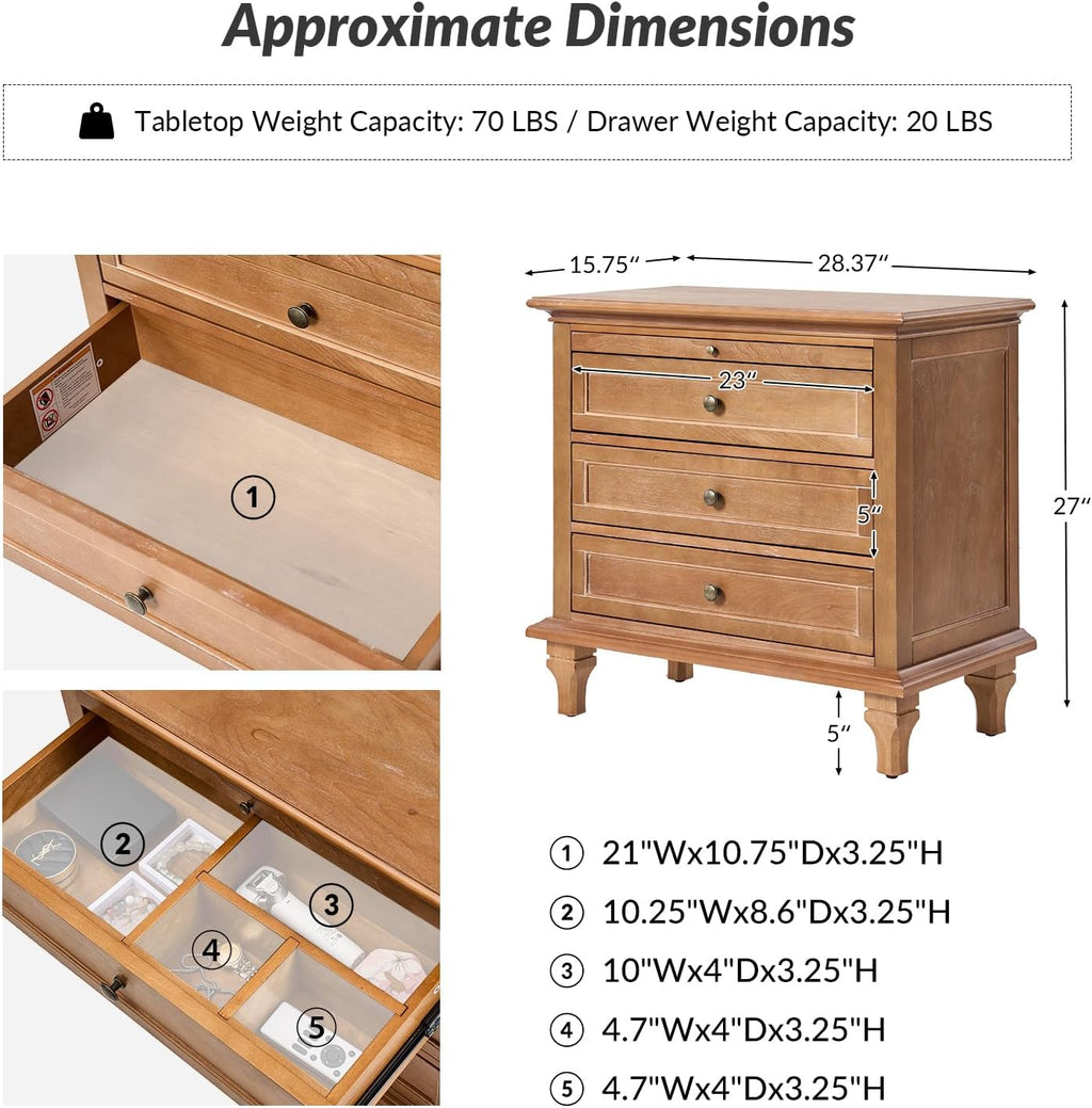 End Table Set of 2 with Charging Station, Solid Wood Organizer with 3 Drawers & Pull-Out Shelf, Farmhouse Bedside Table for Living Room, Acorn