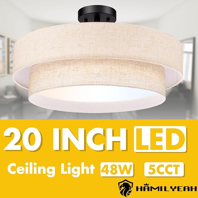 Hamilyeah 20 Inch Semi Flush Mount Round Ceiling Light Fixture, 48W LED With Fabric Shade, Dimmable Drum Double Layer 5CCT for Living Room, Office