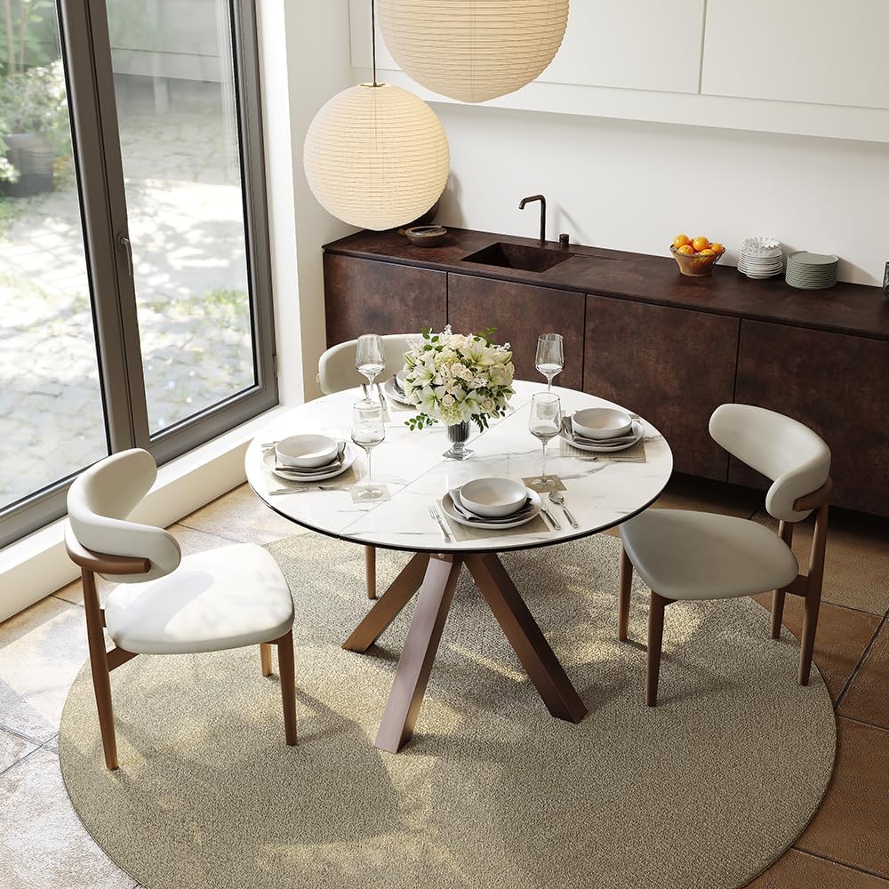 POVISON Modern Extendable Dining Table, 47" to 63" Round to Oval Sintered Stone Kitchen Table with Carbon Steel Pedestal Base for 4-6, White with Bronze(Table Only