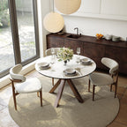 POVISON Modern Extendable Dining Table, 47" to 63" Round to Oval Sintered Stone Kitchen Table with Carbon Steel Pedestal Base for 4-6, White with Bronze(Table Only