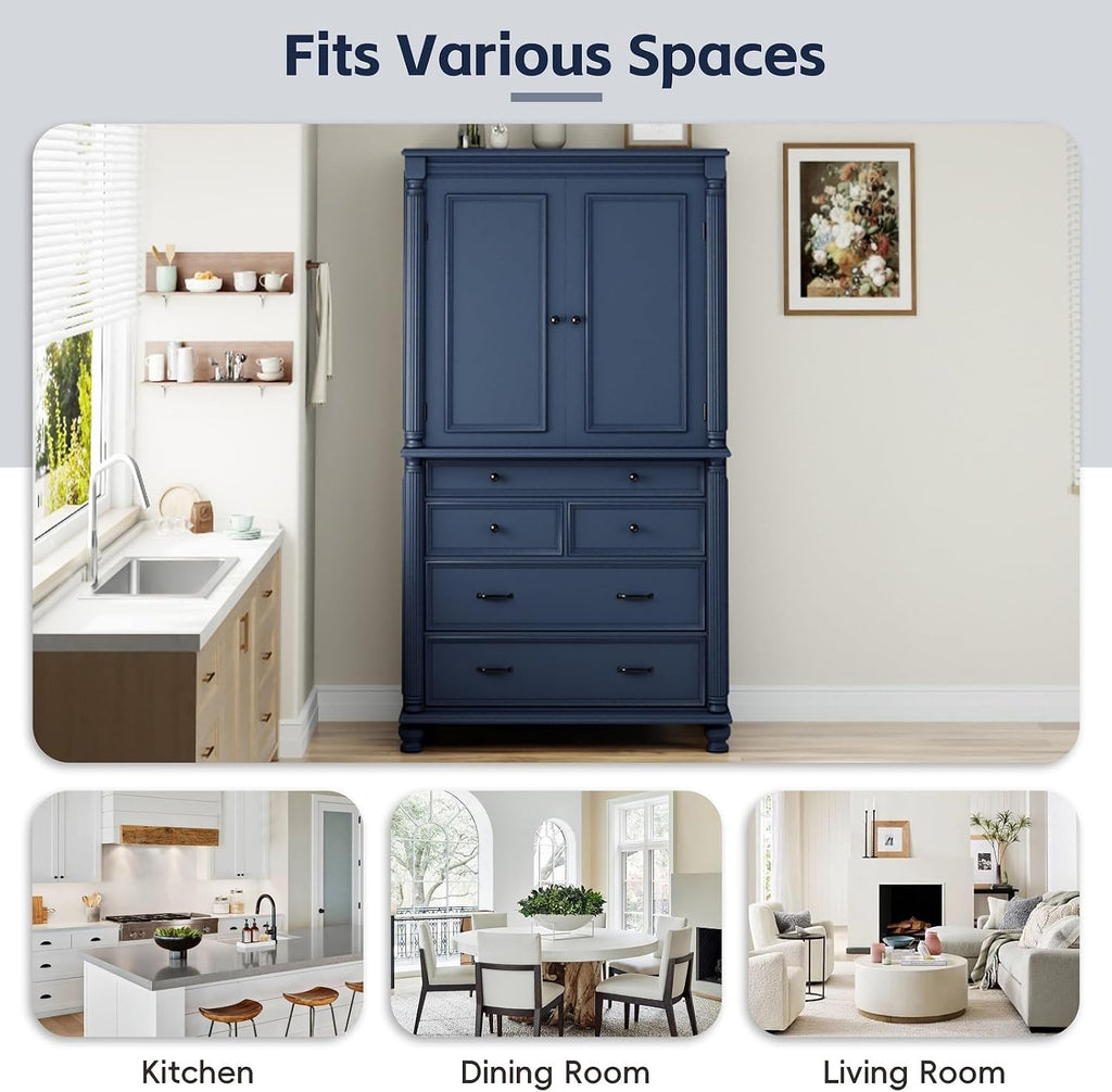 Spaco 77.3" Tall Kitchen Pantry Cabinet,Modern Pantry Storage Cabine with 6 Door Shelves,2 Adjustable Shelves and 5 Drawers,Freestanding Buffet Cupboard for Kitchen,Dining Room. (Blue)