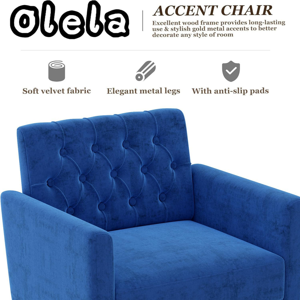 Olela Accent Chair with Arm for Living Room, Velvet Modern Armchair Single Sofa Cozy Tufted Upholstered Reading Side Chairs with Gold Metal Leg for Bedroom Decorate