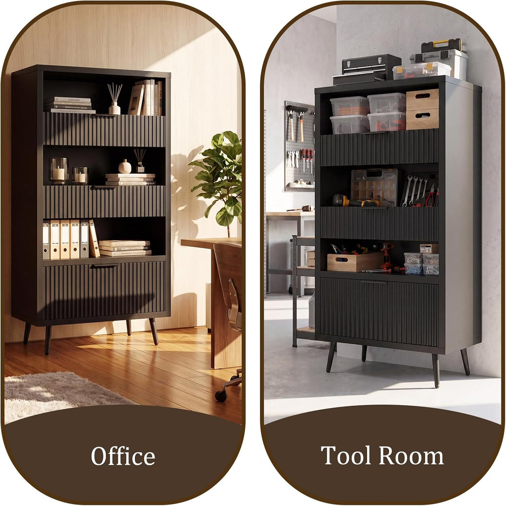 51" Tall Modern Black Storage Cabinet, Freestanding Kitchen Pantry Cabinet with 3 Drawers & Open Shelf, Buffet Sideboard Hutch, Snack Linen Cabinet for Dining Room,Bathroom, Bedroom, Office