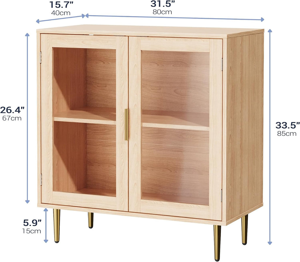 Housoul Buffet Cabinet with LED Lights, Sideboard Cabinet with 2 Doors Acrylic, 32" Modern Buffet Cabinet with Shelf, Coffee Bar Cabinet for Living Room, Kitchen, Oak