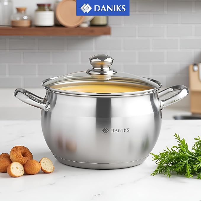 Daniks Classic Stainless Steel Stock Pot with Glass Lid – Induction 4 Quart, Dishwasher Safe, Measuring Scale, For Soup, Pasta, Stew, Silver